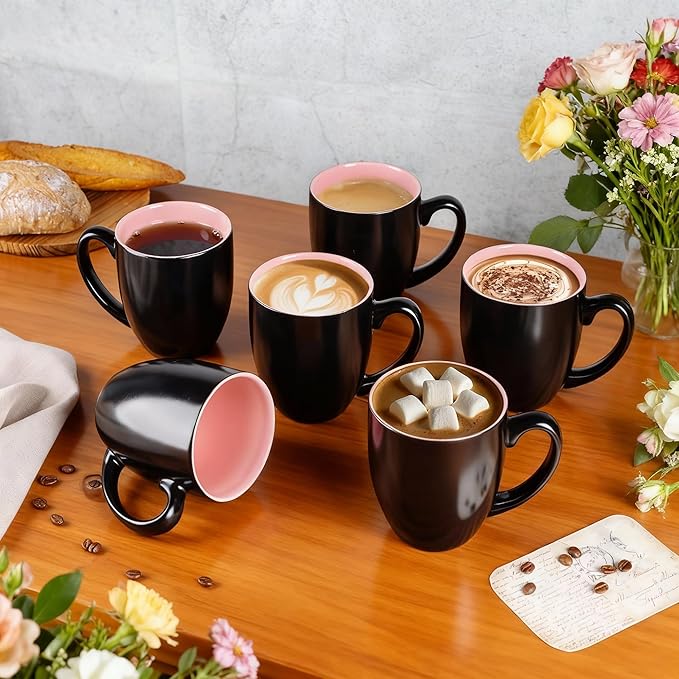 GBhome 16oz Coffee Mugs Set of 6, Large Ceramic Coffee Mugs for Man, Woman, Dad, Mom, Modern Coffee Mugs Set with handle for Tea/Latte/Cappuccino/Milk/Cocoa. Dishwasher&Microwave Safe,Pink