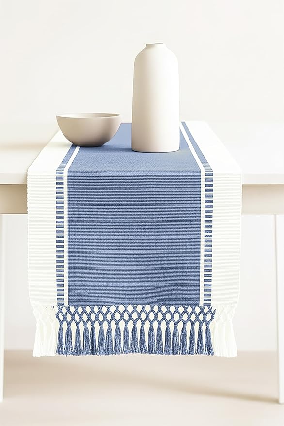 PurpleEssences Table Runner - Wide with Dobby Stripe, Heavy Ribbed Weave & Double Knot Fringes, 14x90 Inch (14x95.5 with Fringes) Farmhouse Decor - Christmas Holiday Winter- French Blue and H.White