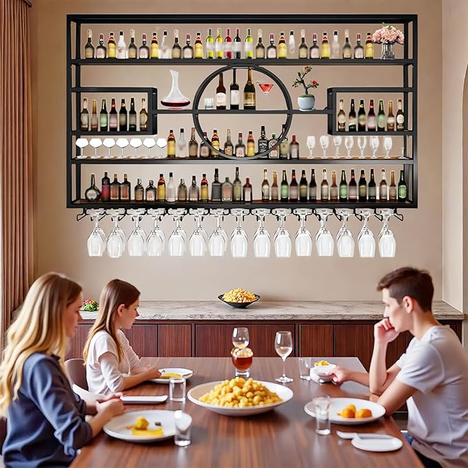 63" Metal Wine Rack Wall Mounted, Multi Functional Bar Shelves for Liquor Bottles with Glass Holder, Modern Wood Bar Shelves Wall Mounted for Home Bar & Dining Room, Black(57" Height)