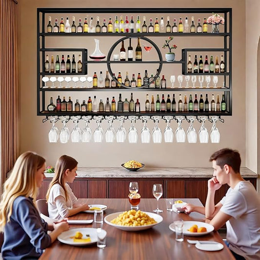 47" Metal Wine Rack Wall Mounted, Multi Functional Bar Shelves for Liquor Bottles with Glass Holder, Modern Wood Bar Shelves Wall Mounted for Home Bar & Dining Room, Black(57" Height)