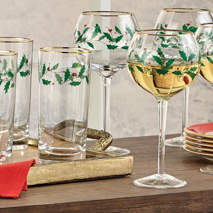 Lenox Drinkware, Holiday 4-Piece Wine Balloon Glass Set, Set Of 4, 14 Fl Oz Capacity, Made From Glass, Festive Red Christmas Design, Hand Wash Only, Christmas Decorations, Winter Decor (4 Piece)