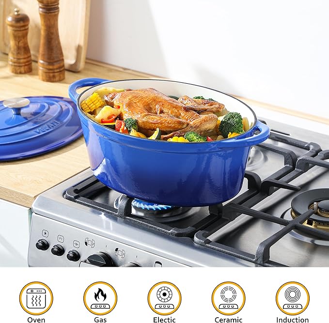 Velaze 7.5 QT Enameled Oval Dutch Oven Pot with Lid, Cast Iron Dutch Oven with Dual Handles for Bread Baking, Cooking, Frying, Non-stick Enamel Coated Cookware竊뉰lue)
