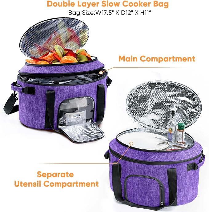 Double-Layer Slow Cooker Carrying Bag for 6-8 Quart CrockPot and Hamlton Beach Slowcooker, Travel Bag with Lid Fastener for Crock-pot, Portable Carrier with See-throught Window(BAG ONLY)