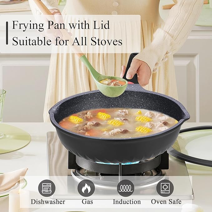 Vinchef New Handle Update 11In/5Qt Aluminum Nonstick Deep Frying Pan with Lid and Heat Indicator, Anti Scratch and Anti Stain Deep Saute Pan, Induction Compatible