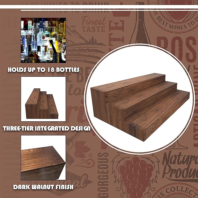 Liquor Bottle Stand - 24 Inch 3 Tier Liquor Bar Bottle Display Shelf, Holds 18 Bottles, Real Wood, No Installation Required (Dark Walnut)