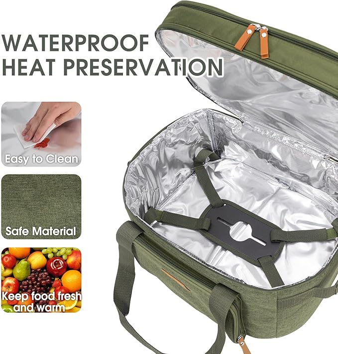 FUN ELEMENTS Double Layer Slow Cooker Carrying Bag for 6-8 Quart Oval CrockPot, Insulated Travel Carrier with Support Pad and Adjustable Straps, Top Zip Compartment and Front Pocket for Utensils,Green