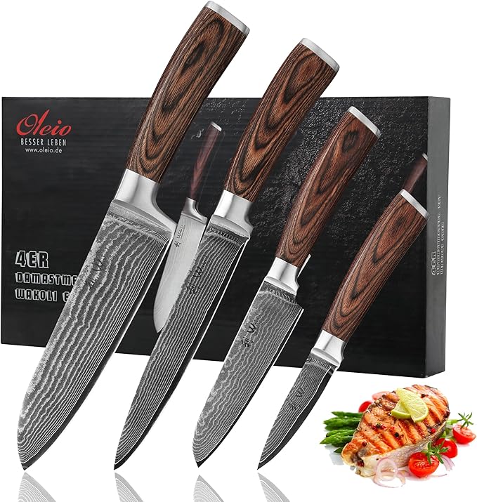 Wakoli EDIB 4-Piece Damascus Knife Set ??Professional Chef Knives Set with VG10 Core Blades, 67-Layer Damascus Steel and Ergonomic Pakkawood Handles ??Premium Kitchen Knives in Elegant Gift Box