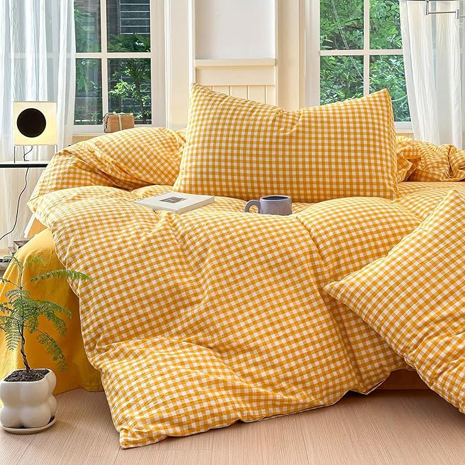 LifeTB Queen Comforter Set Modern Style Yellow Gingham Comforter Geometric Plaid Printed Bedding Comforter with 2 Pillow Shams Fluffy Lightweight Gingham Bedding Grid Checkered Comforter Set
