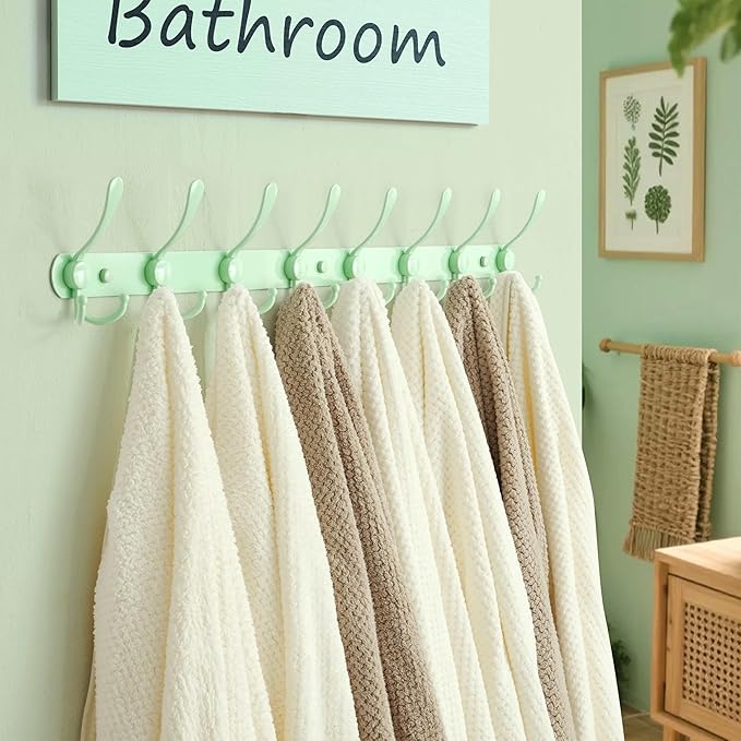 Dseap Coat Rack Wall Mount - 29.5??Long 8-Tri-Hooks Heavy Duty Coat Hanger Rail Wall Hooks for Hanging Coats Hats Clothing Clothes Purse Mudroom Entryway, Green
