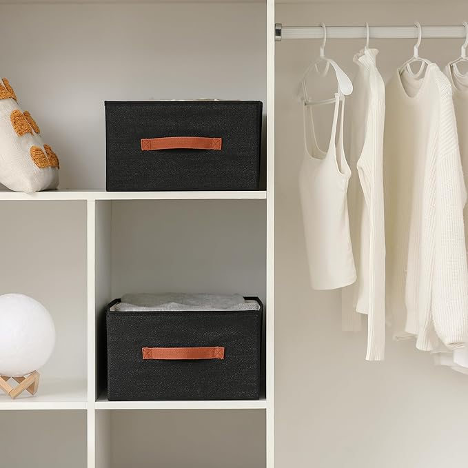 linen closet organizers and storage, 3 Pack Large Storage Baskets, Washable, Clothing Storage Bins with Handle, Closet Organizer for Storage Sweater,Sheets (Black, 18쩍"x13쩍"x8쩍")