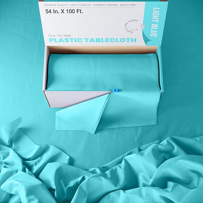 Exquisite Light Blue Plastic 54x100in Table Cover Roll with Built-in Cutter - 100 Feet, Disposable, Waterproof, All-Season, Rectangular
