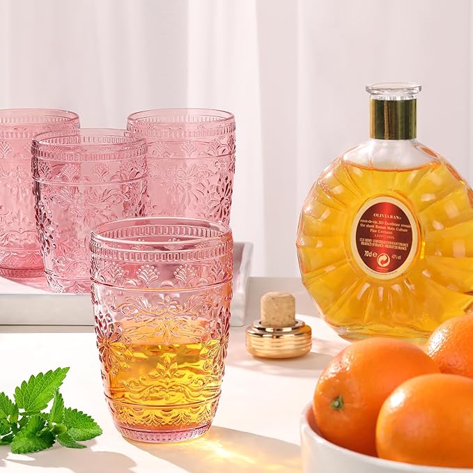 abrwyy Pink Glassware set of 6, Pink Drinking Glasses, Vintage Drinking Glasses, 14oz Colored Old Fashioned Glass Cups, Highball Glasses Set for Home Party Wedding