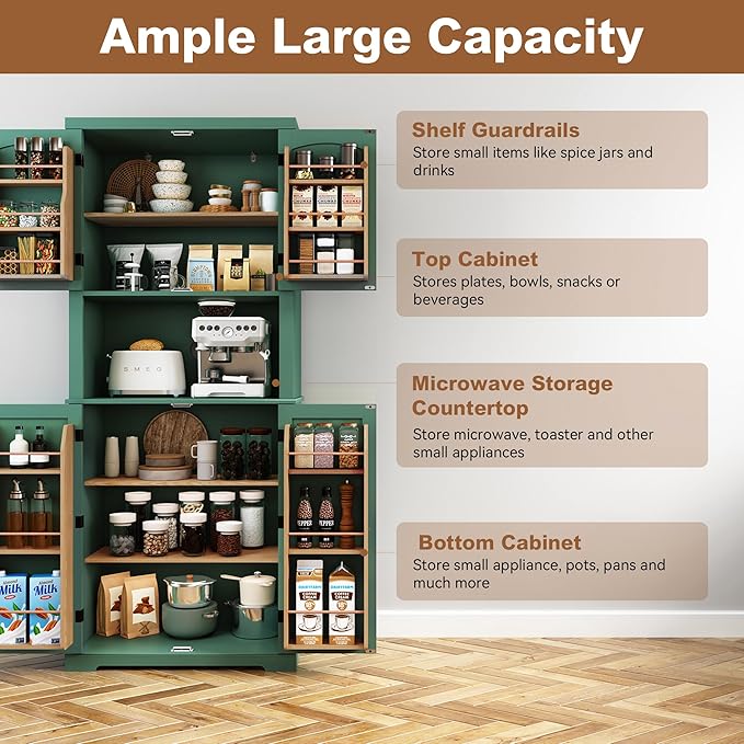 HLR 72" Kitchen Pantry Storage Cabinet, Freestanding Larder Cupboard, Kitchen Hutch Cabinet with Microwave Stand,Utility Pantry with Doors and Shelves for Dining Room, Living Room