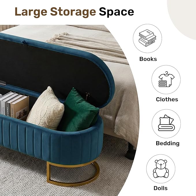 VIROL 51 Inch Storage Ottoman Bench Velvet End of Bed Storage Bench King Size Upholstered Tufted Bench Large Space for Bedroom Living Room Entryway Dark Blue