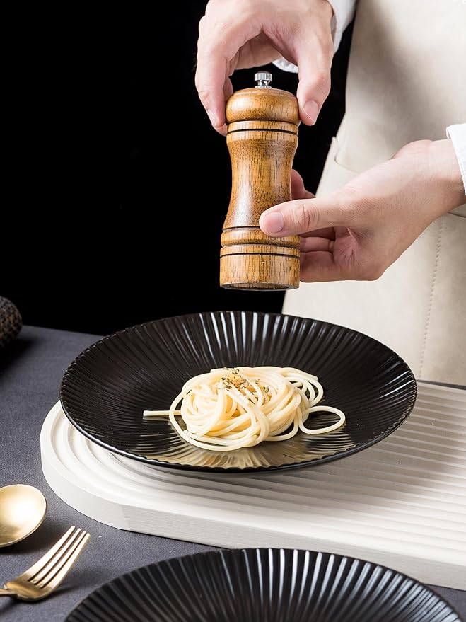 CLAY TONIC Set of 4-8.8 Inch Japanese Style Porcelain Round Dinner Plates, Versatile Circular Serving Plates for Pasta, Salad, Steak Dinner (Black, 8.8 Inches)