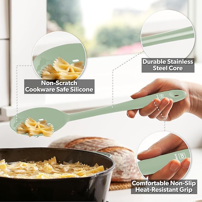 DI ORO Silicone Spoons for Cooking - Large Kitchen Spoons for Mixing, Serving, & Stirring - 600째F Heat-Resistant Non Stick Utensils ??Big Solid & Slotted Basting Spoons - Dishwasher Safe (2pc, Sage)