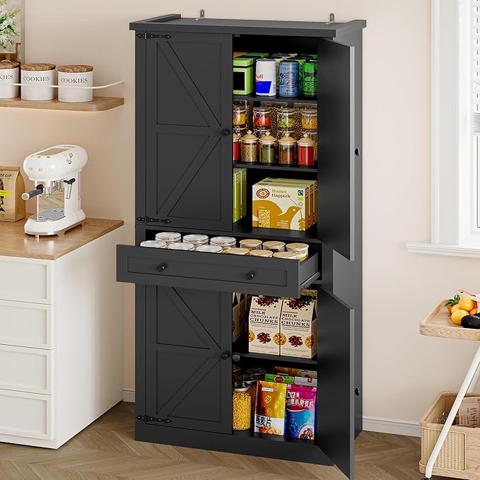 Pantry Organizers and Storage Cabinet, 70??Barn Door White Kitchen Cabinet with Drawers and Adjustable Shelf, Tall Pantry for Kitchen, Dining Room, Living Room Bedroom