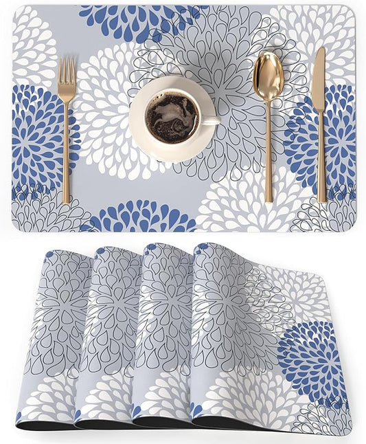 QIYI Placemats Set of 4, 12x18 Inch Faux Leather Place Mats for Kitchen Dinning, Heat Resistant Anti Slip Flower Table Mats, Waterproof Wipeable Washable Placemat Party Table D챕cor, Blue Floral Burst