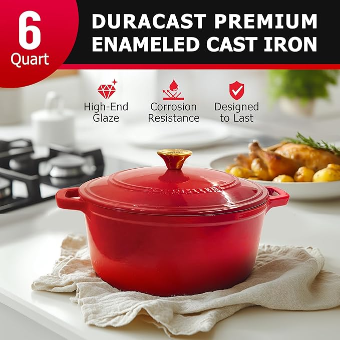 Mueller 6qt Enameled Cast Iron Dutch Oven, Heavy-Duty Casserole and Braiser Pan with Lid and Knob, Oven-Safe up to 500째 F & Across All Cooktops, Red