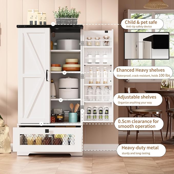 47" Kitchen Pantry Storage Cabinet White Tall Storage Cabinet with Doors, Adjustable Shelves, and Drawer Farmhouse Cupboard for Kitchen, Dining Room, Bathroom 16" D x 24" W x 47"
