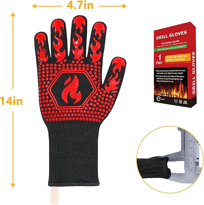 QUWIN BBQ Gloves, Oven Gloves 1472??Extreme Heat Resistant, Grilling Gloves Silicone Non-Slip Oven Mitts, Kitchen Gloves for BBQ, Grilling, Cooking, Baking-1 Pair??(One Size(Long Cuff), Red)