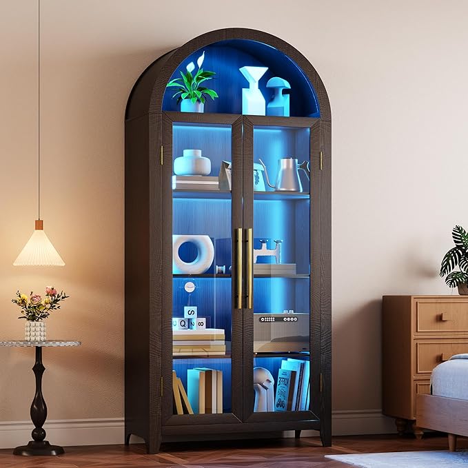 Vlsrka 71" Arched Storage Cabinet with Doors, Display Cabinet with LED Light & Human Sensor, 5-Tier Display Cases for Collectibles, Curio Cabinet with Ajustable Shelf for Living Room(Black)
