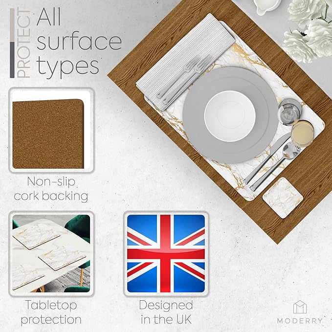 Moderry Set of 4 Heat Resistant Cork Placemats for Dining Table with Free Set of 4 Matching Drink Coasters Marble Design 16 x 12 Inches Cork Backed Hard Placemats (Foiled Gold)