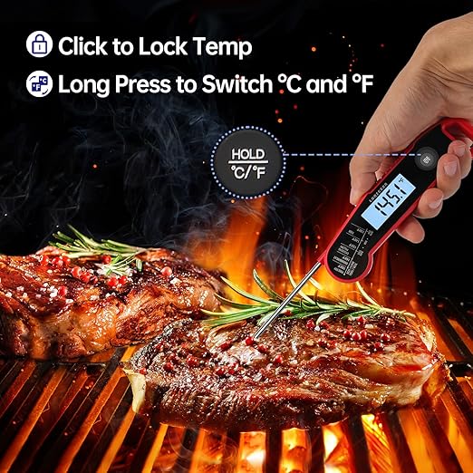 Lonicera Digital Meat Thermometer for Food Cooking. Instant Read Within 1 Sec and 짹0.9?덦ccuracy with Thermocouple Sensor. IP67 Waterproof, Auto-Rotating Display, Auto Wake up (Red)