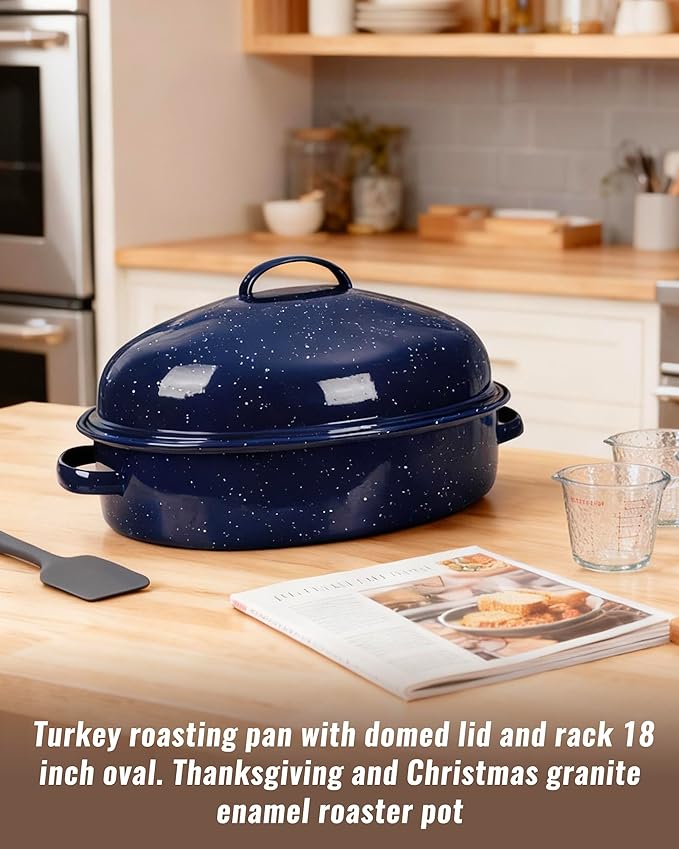 Roasting Pan with Lid and Rack 18" Deep Large Oval Enamel Roaster Pan, Oven Dishwasher Safe Non-Stick Non-Toxic Roast Pot for Turkey Ham Steak Roasts & Bread, Wife's Christmas Gift