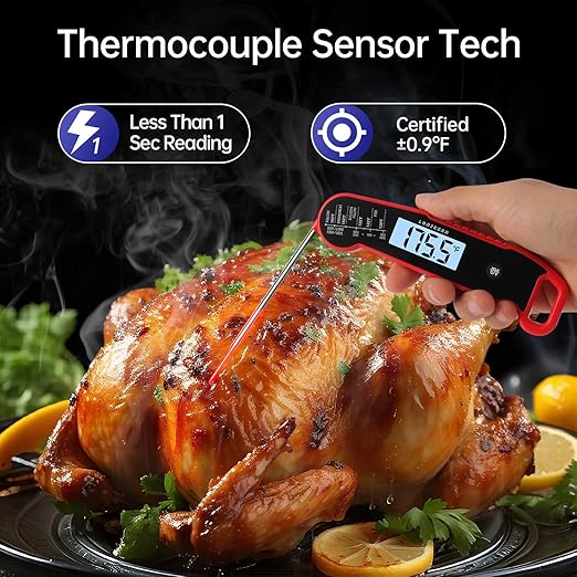 Lonicera Digital Meat Thermometer for Food Cooking. Instant Read Within 1 Sec and 짹0.9?덦ccuracy with Thermocouple Sensor. IP67 Waterproof, Auto-Rotating Display, Auto Wake up (Red)