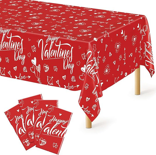 QZYL 4 PCS Valentines Plastic Tablecloths, 54" X 108" Love Heart-Shaped Tablecloths, Disposable Red Valentines Decorations, Rectangle Romantic Galentines Party Favors for Wedding Anniversary Supplies