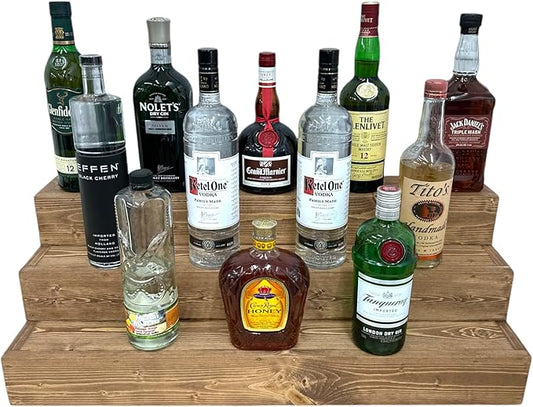 Handmade Tiered Display Shelving - Three Tier Bar Display - Bar Organizer - Liquor Bottle Display (36" with Back, Special Walnut)