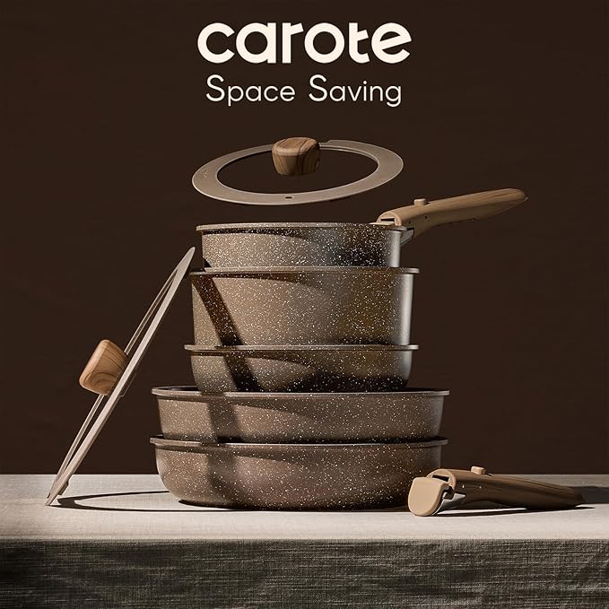CAROTE 17PCS Pots and Pans Set Non Stick with Detachable Handle, Nonstick Cookware Sets, Cooking Kitchen Set, Oven/Dishwasher Safe, Induction Cookware, Brown, RV Kitchen Pot and Pan