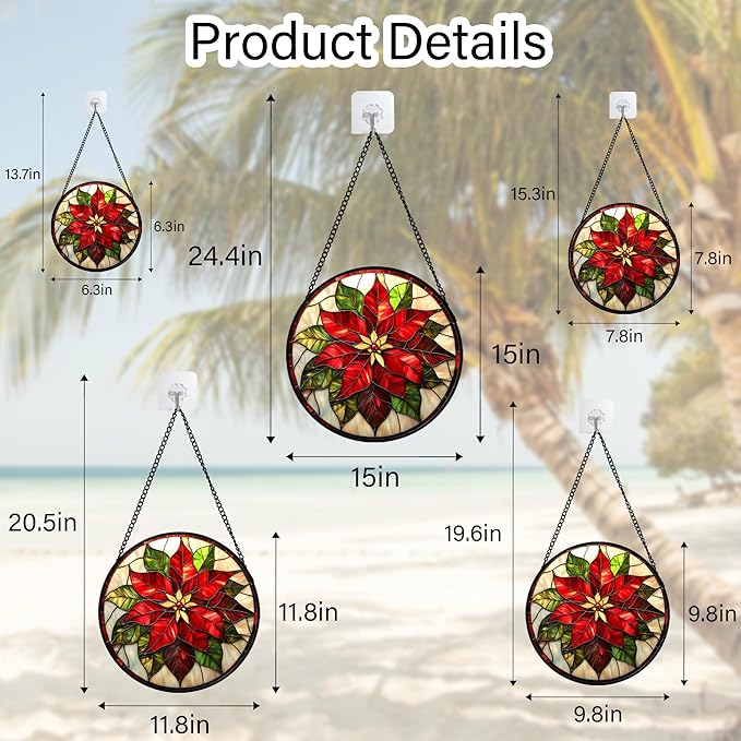 Stained Glass Window Hanging - Red Poinsettia Birth Flowers Suncatcher for Door Garden Yard Sun Catchers Decor Christmas Mother's Day Birthday Gifts for Women Mom Nana Teacher Friend 9.8 in