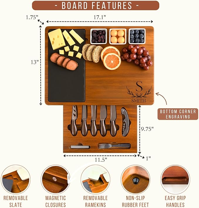Personalized Acacia Wood Charcuterie Board Set with Stainless Steel Knives ??Custom Cheese Board Gift for Wedding, Christmas, Housewarming, Bridal Shower, Anniversary, Women and Couples, Gifts for Her