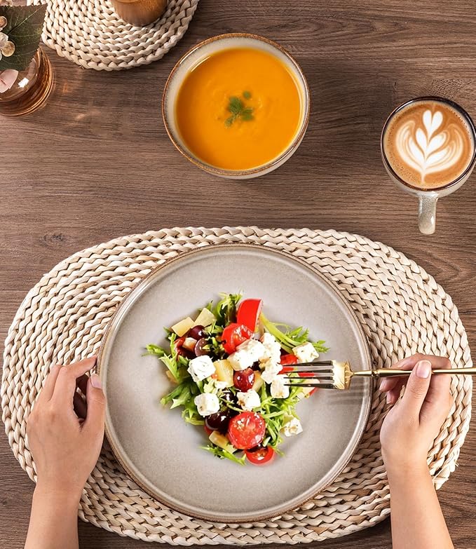 GBHOME Ceramic Dinnerware Sets for 4, 12 Pieces Stoneware Plates and Bowls Sets, Scratch Resistant Dishes, Dishwasher & Microwave Safe, Reactive Glaze-Almond Cream