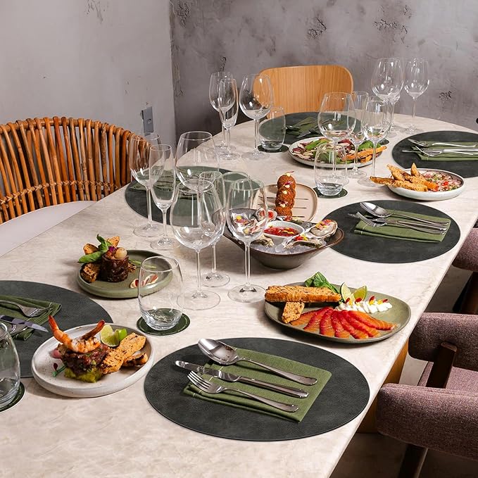 ADRIMER Placemats, Heat Resistant Round Placemats Set of 8 Washable, Waterproof Table Mats, Wipeable Faux Leather Place Mats for Kitchen, Dining Room, Dark Grey