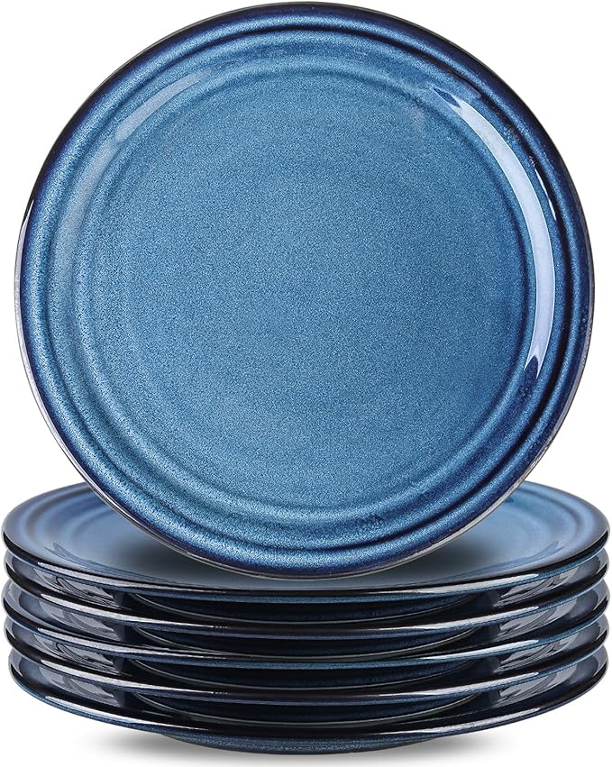 HASENSE 10 Inch Dinner Plates Set of 6,Ceramic Large Porcelain Pasta and Salad Plates,Blue Stoneware Plate Set Microwave,Oven,and Dishwasher Safe