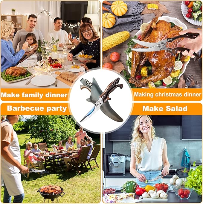 ANDONG Kitchen Scissors, Heavy Duty Professional Poultry Shears, Stainless Steel Spring Loaded, Dishwasher Safe, with Black Leather Sheath