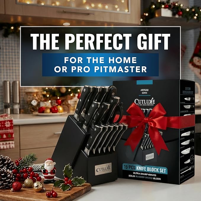 Cutluxe 15-Piece Knife Set ??Premium Black Wood Block ??Knife Set for Kitchen, Ultra Sharp High Carbon German Stainless Steel, Full Tang ??Artisan Series