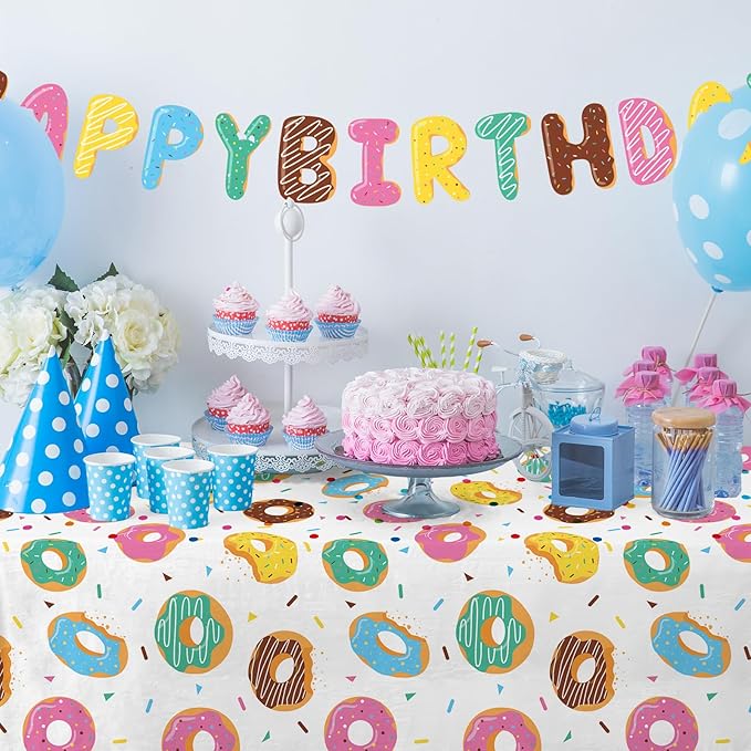 Gatherfun Donut Party Supplies: 2-Pack Donut Birthday Party Decorations,Disposable Plastic Tablecloth, Ideal Table Cover for Two Sweet Birthday, Baby Shower & Themed Parties, 54 x 108 Inch