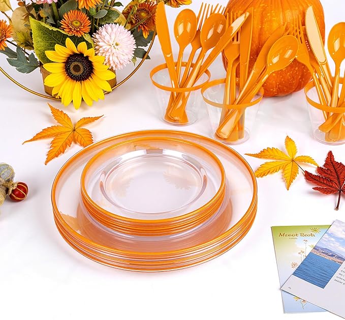 SUT 175Pcs Orange and Clear Plastic Dinnerware Set for 25 Guests, Include: 25 Dinner Plate, 25 Dessert Plates, 25 Pre Rolled Napkins With Silverware, 25 Cups, Disposable Plates for Party