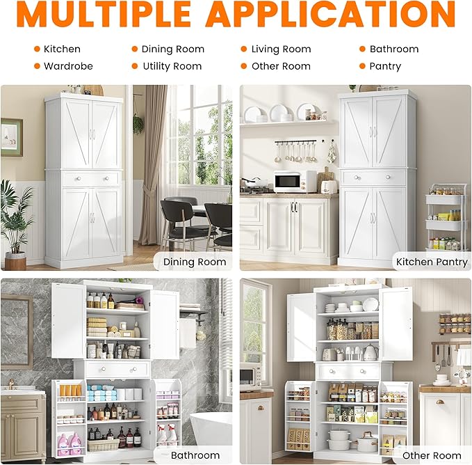 72" Tall Kitchen Pantry Cabinet, White Pantry Storage Cabinet with Adjustable Shelves, Barn Doors and Drawer, Farmhouse Cupboard for Kitchen, Dining Room, Bathroom (16" D x 30" W x 72" H)