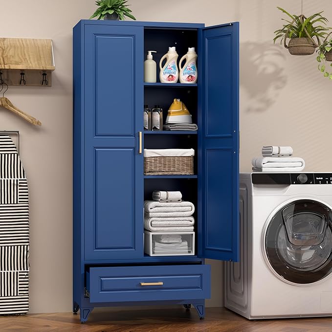 75" Kitchen Pantry Cabinet with Drawer, Metal Storage Cabinets with Doors and Adjustable Shelves, Blue Tall Pantry Cabinet for Dinning Living Room, Home