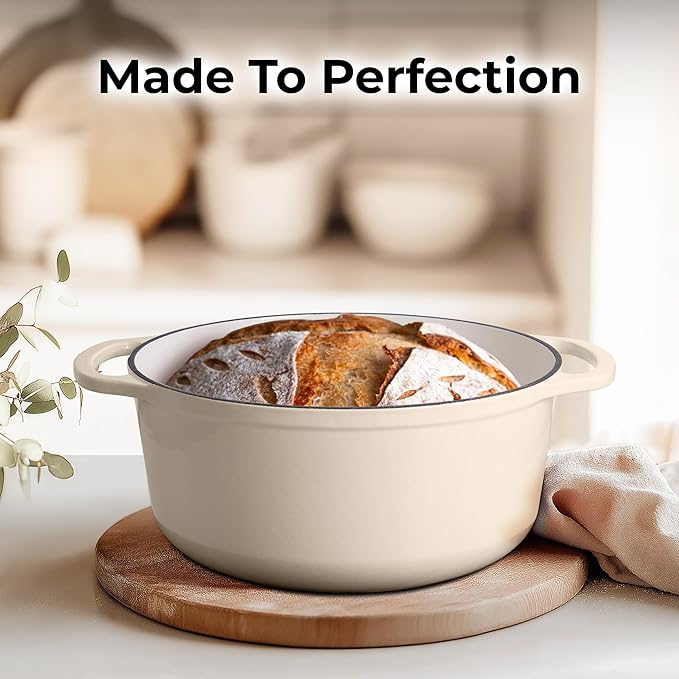 Zulay Kitchen 7.7 Quart Enameled Cast Iron Dutch Oven Pot with Lid ??Premium Durability & Oven Safe up to 500째F ??Heavy Duty Cookware Perfect for Bread Baking, Stews, Braising & Roasting ??Ivory
