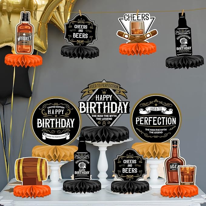 Whiskey pattern Birthday Party Decorations for MenTable Centerpiece Whiskey Honeycomb Table Toppers for 30th 40th 50th 60th 70th 80th Birthday decorations