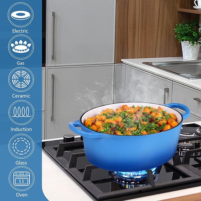 P&P CHEF Oval Dutch Oven with Lid, Enameled Cast Dutch Oven Pot for Bread Baking, Braising, Stewing, Roasting, Non-Stick & Oven Safe, Dual Handles & Easy Clean, 7QT & Blue
