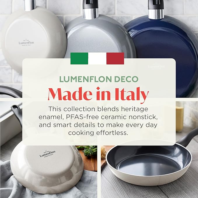 Deco 11??Nonstick Frying Pan Skillet, Made in Italy, Diamond Ceramic PFAS-Free, Dishwasher & Metal Utensil Safe, Durable Gloss Enamel Finish, Stay-Cool Handle, High Walls-Extra Room, Taupe