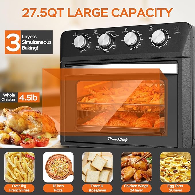 27.5QT 6-in-1 Air Fryer Toaster Oven Extra Large Dropdown-Door 6-Slice Convection Oven for Air Frying, Baking, Roasting, Broiling & Grilling, Stainless Steel Housing, Black