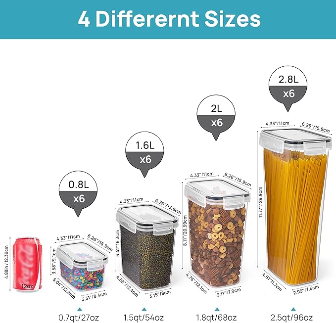 Airtight Food Storage Containers with Lids, Vtopmart 24 pcs Plastic Kitchen and Pantry Organization Canisters for Cereal, Dry Food, Flour and Sugar, BPA Free, Includes 24 Labels竊똁lack